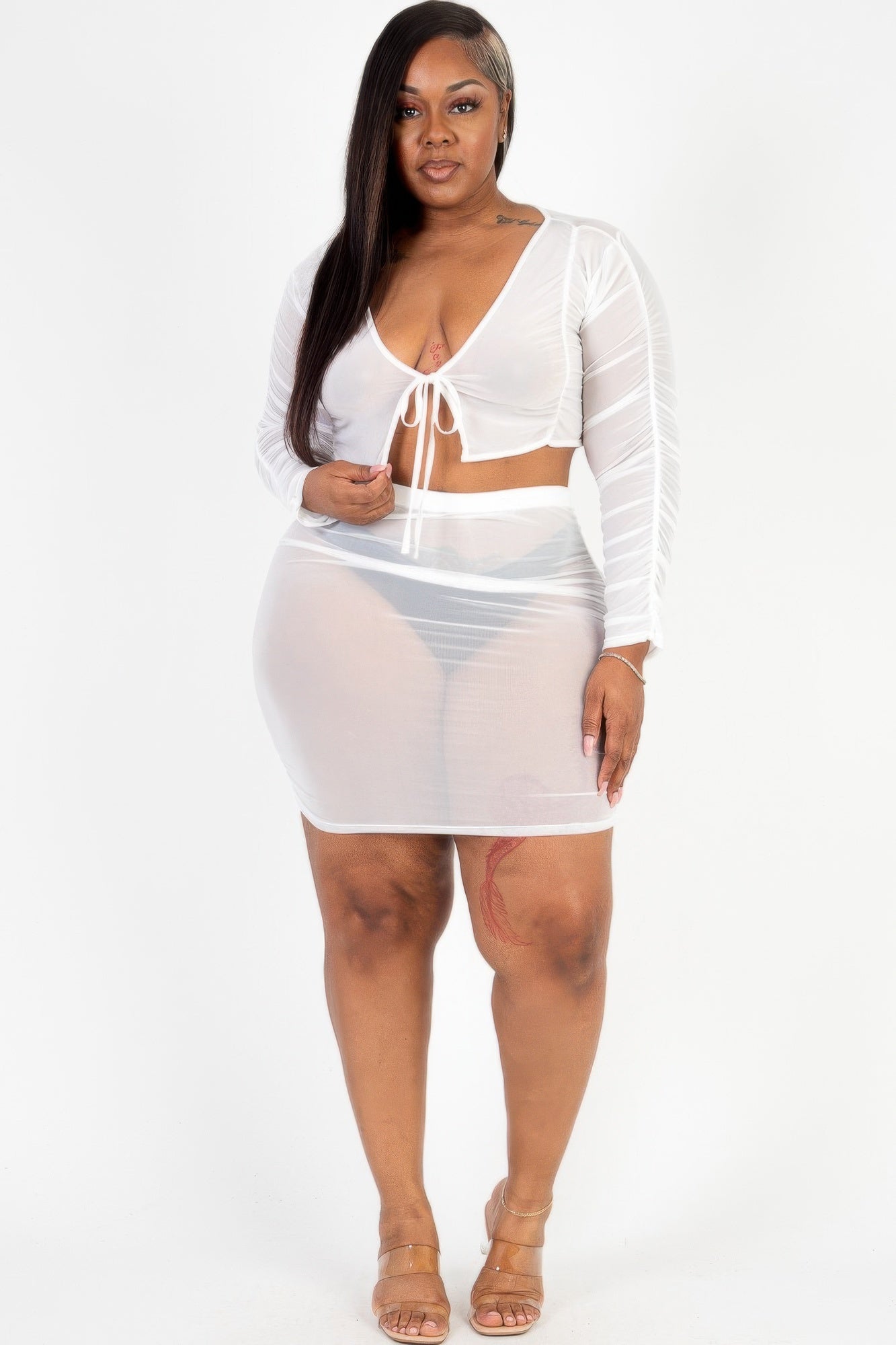 Plus Size Sheer Mesh Tie Front Crop Top & Ruched Side Mini Dress | Sugarz Chique Boutique