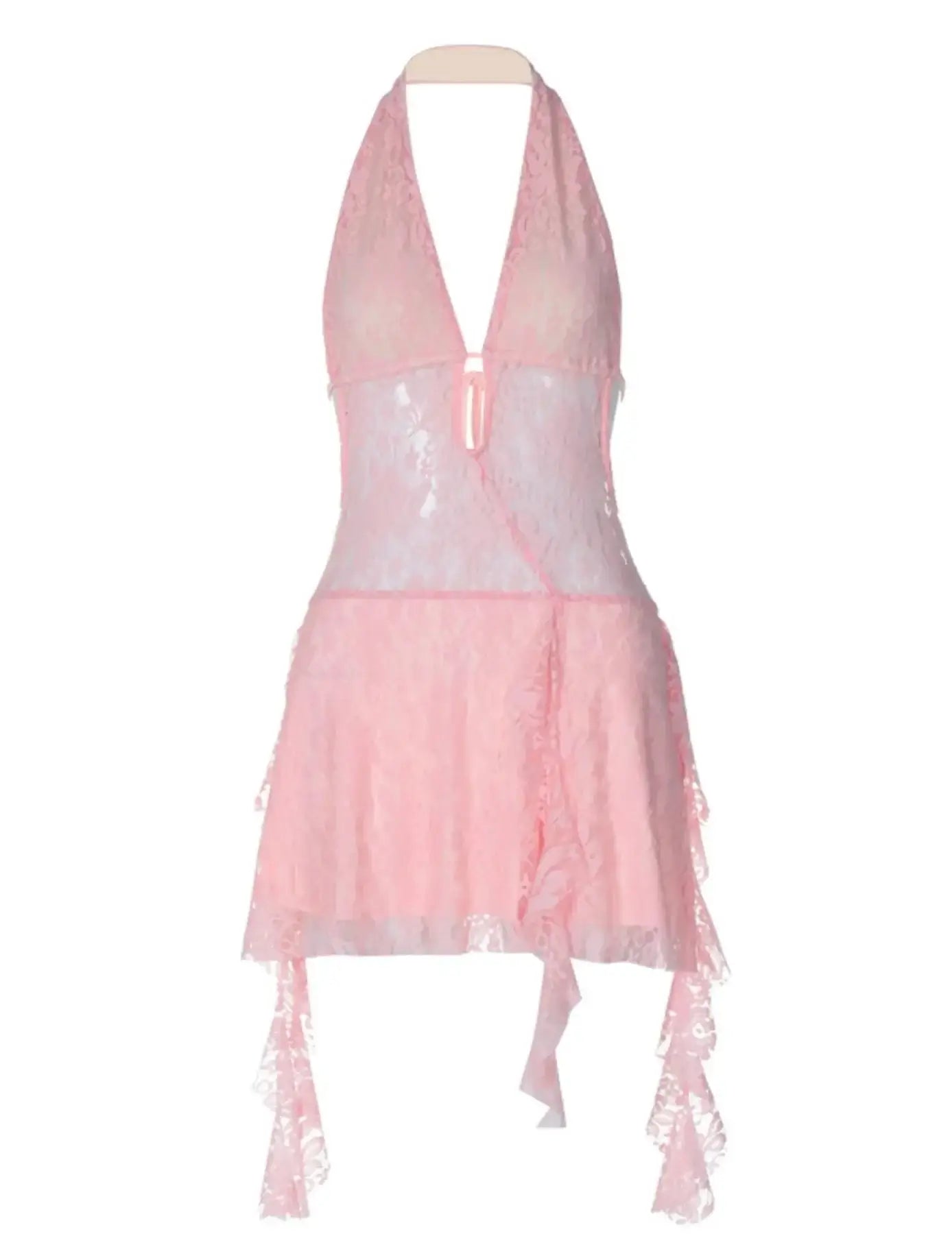Backless ruffled lace halter neck mini dress in sheer pink, featuring a tied waist for a flirty look.