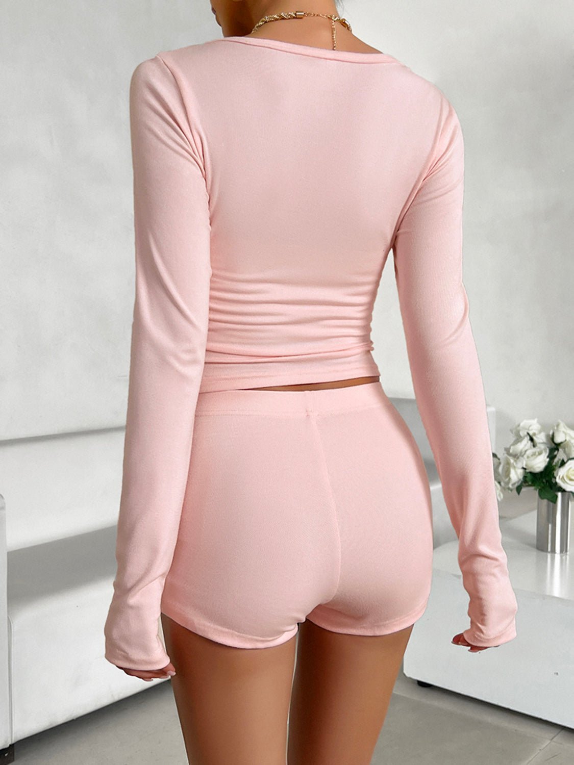 Scoop Neck Long Sleeve Top and Shorts Set | Sugarz Chique Boutique