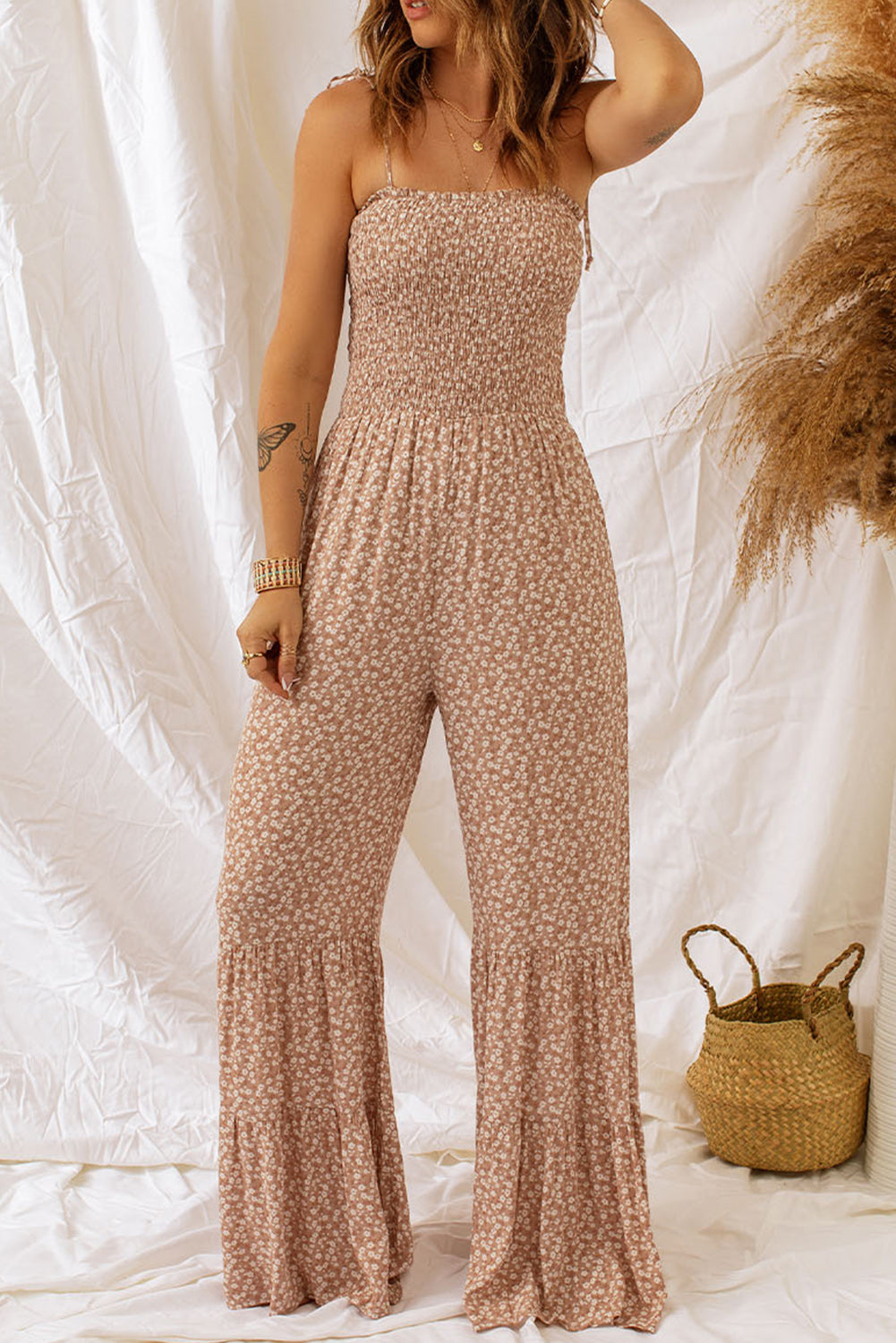 Floral Spaghetti Strap Smocked Wide Leg Jumpsuit | Sugarz Chique Boutique