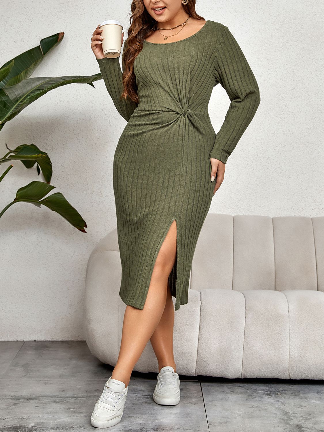 Plus Size Ribbed Round Neck Twisted Slit Midi Dress | Sugarz Chique Boutique