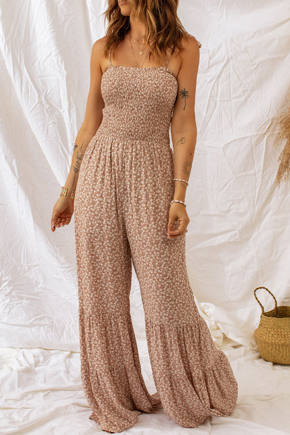 Floral Spaghetti Strap Smocked Wide Leg Jumpsuit | Sugarz Chique Boutique