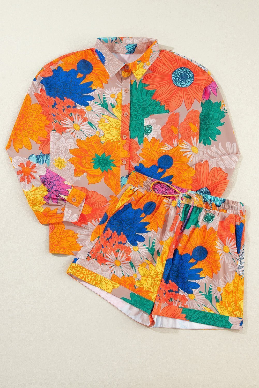 Printed Button Up Long Sleeve Top and Shorts Set | Sugarz Chique Boutique
