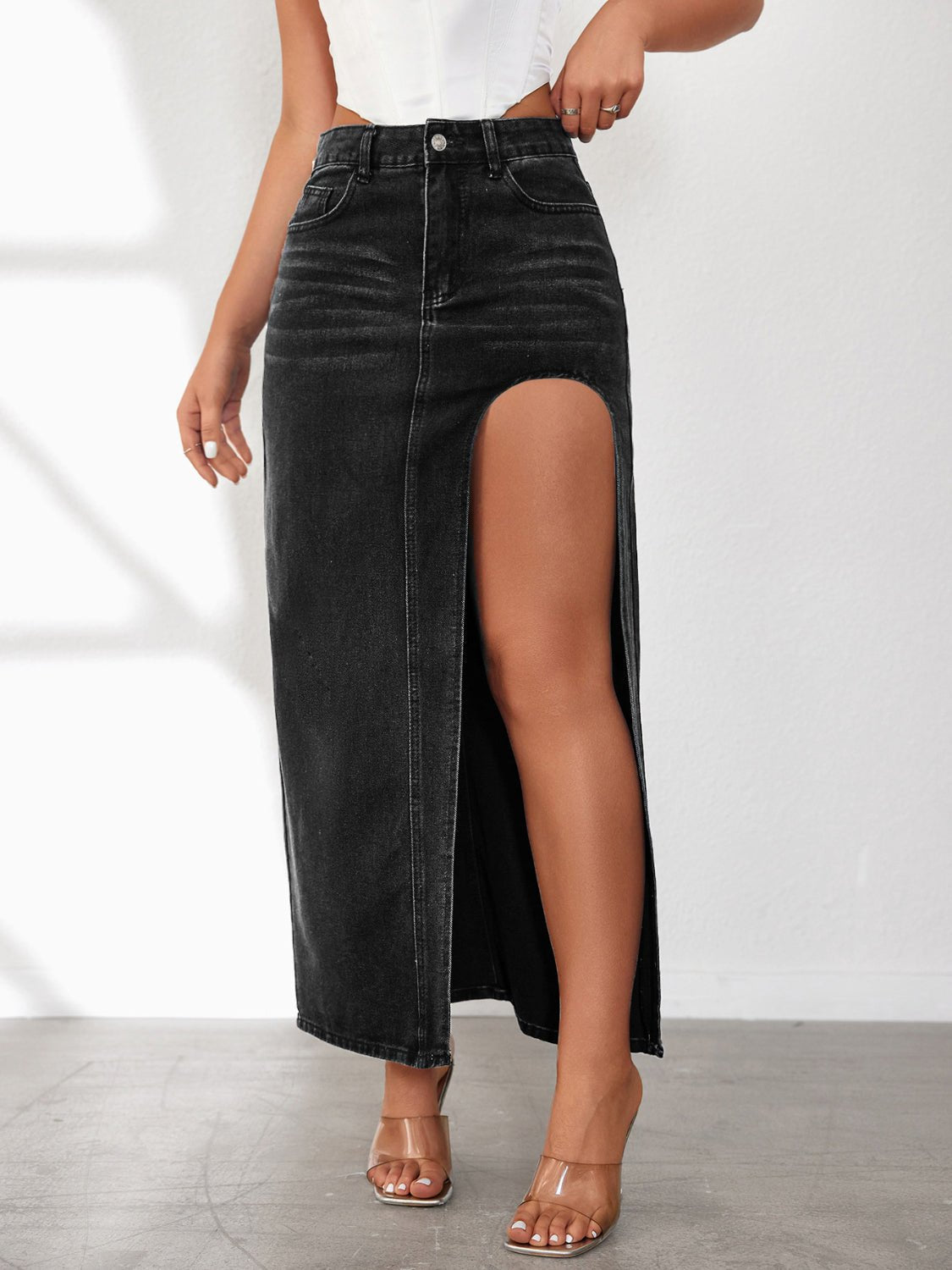 High Rise Slit Denim Skirt | Sugarz Chique Boutique