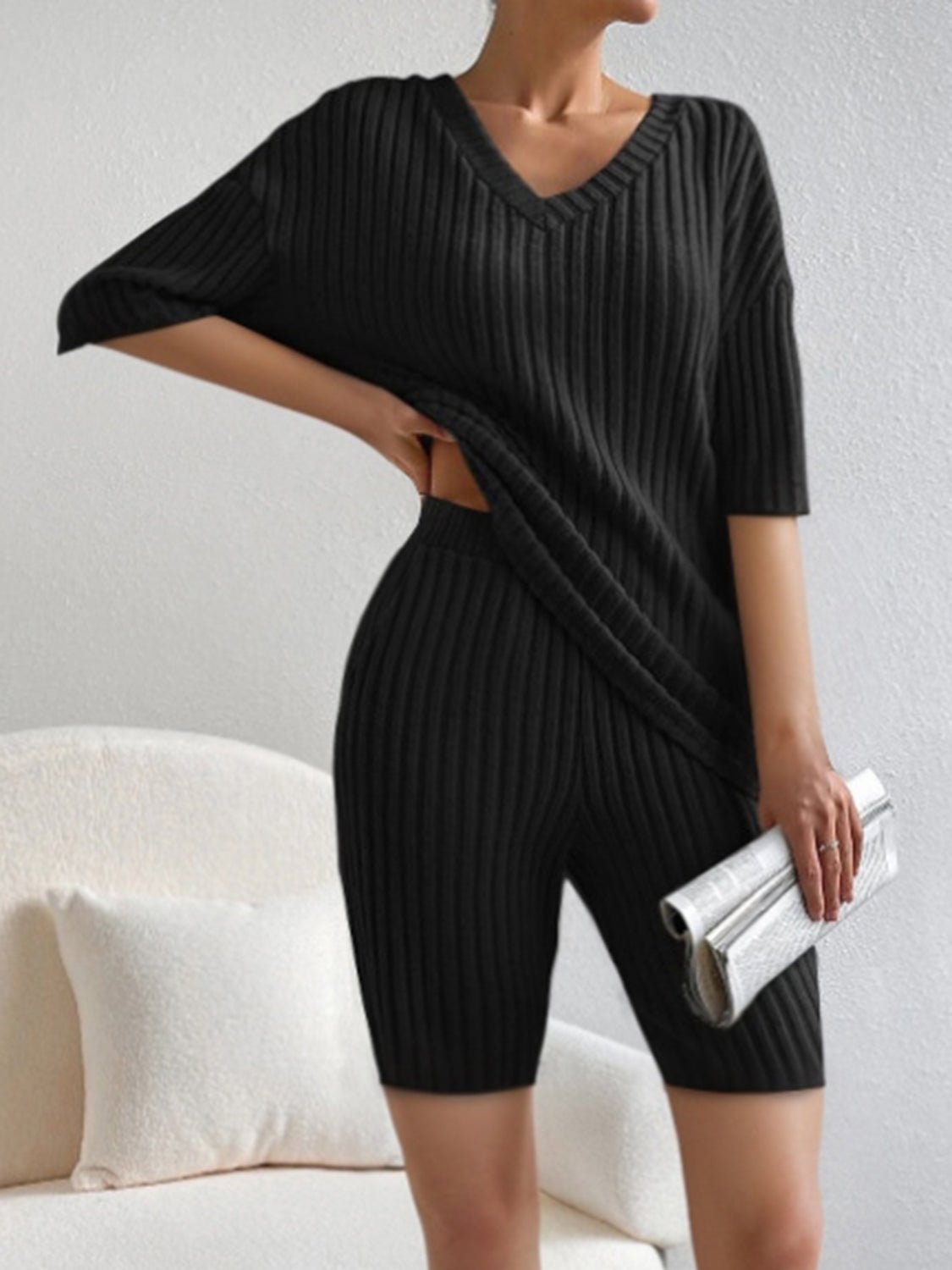 Ribbed V-Neck Top and Shorts Set | Sugarz Chique Boutique