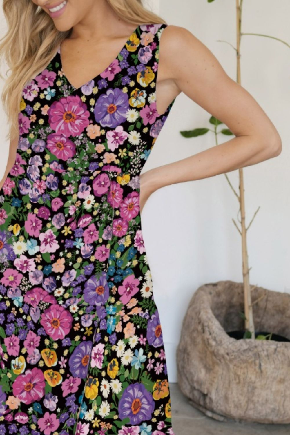FAM-FAM Tiered Printed V-Neck Sleeveless Dress | Sugarz Chique Boutique