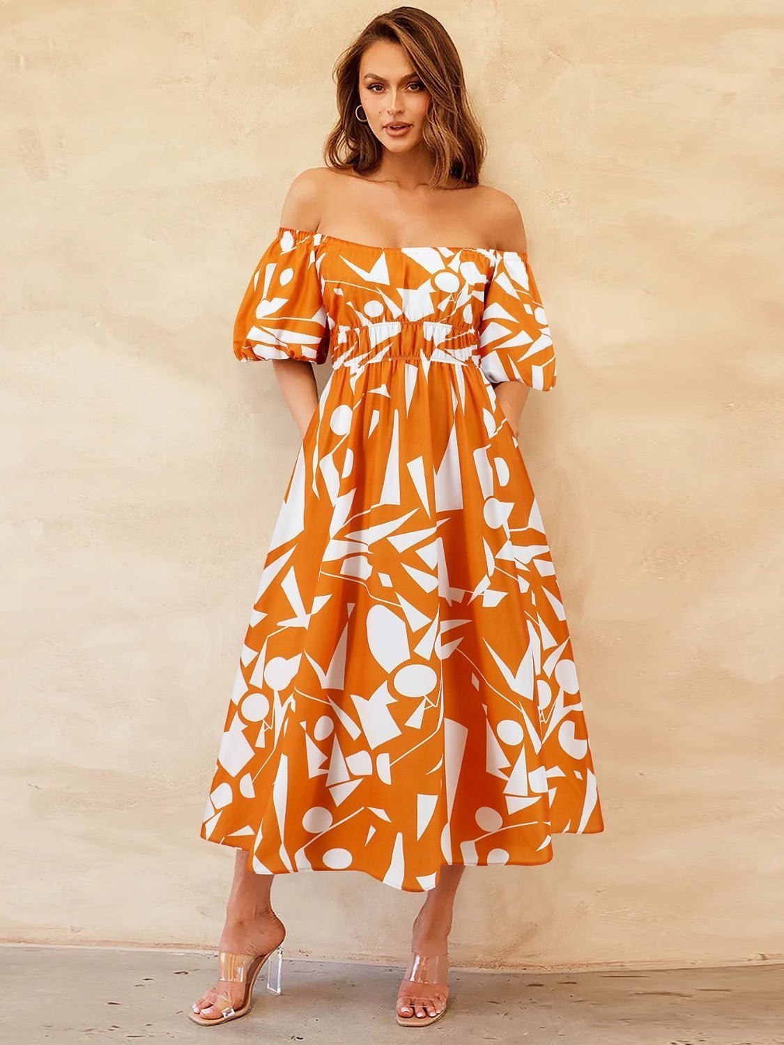 Printed Off-Shoulder Balloon Sleeve Dress | Sugarz Chique Boutique
