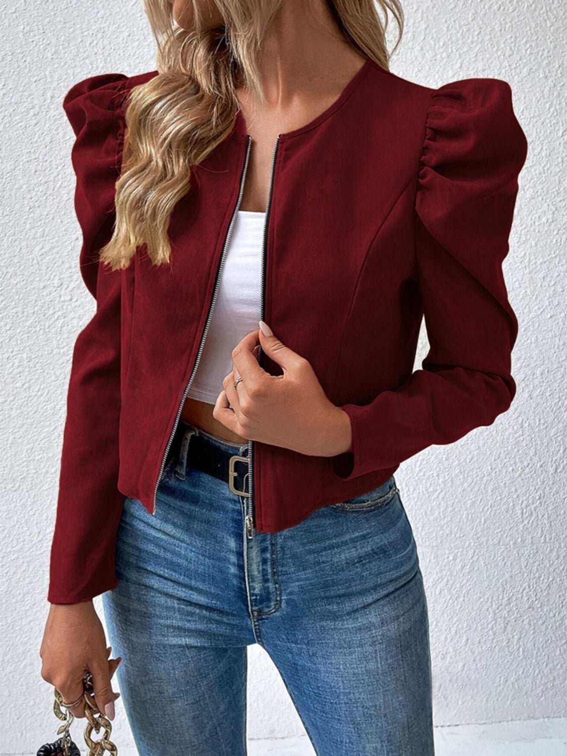 Zip Up Puff Sleeve Jacket | Sugarz Chique Boutique