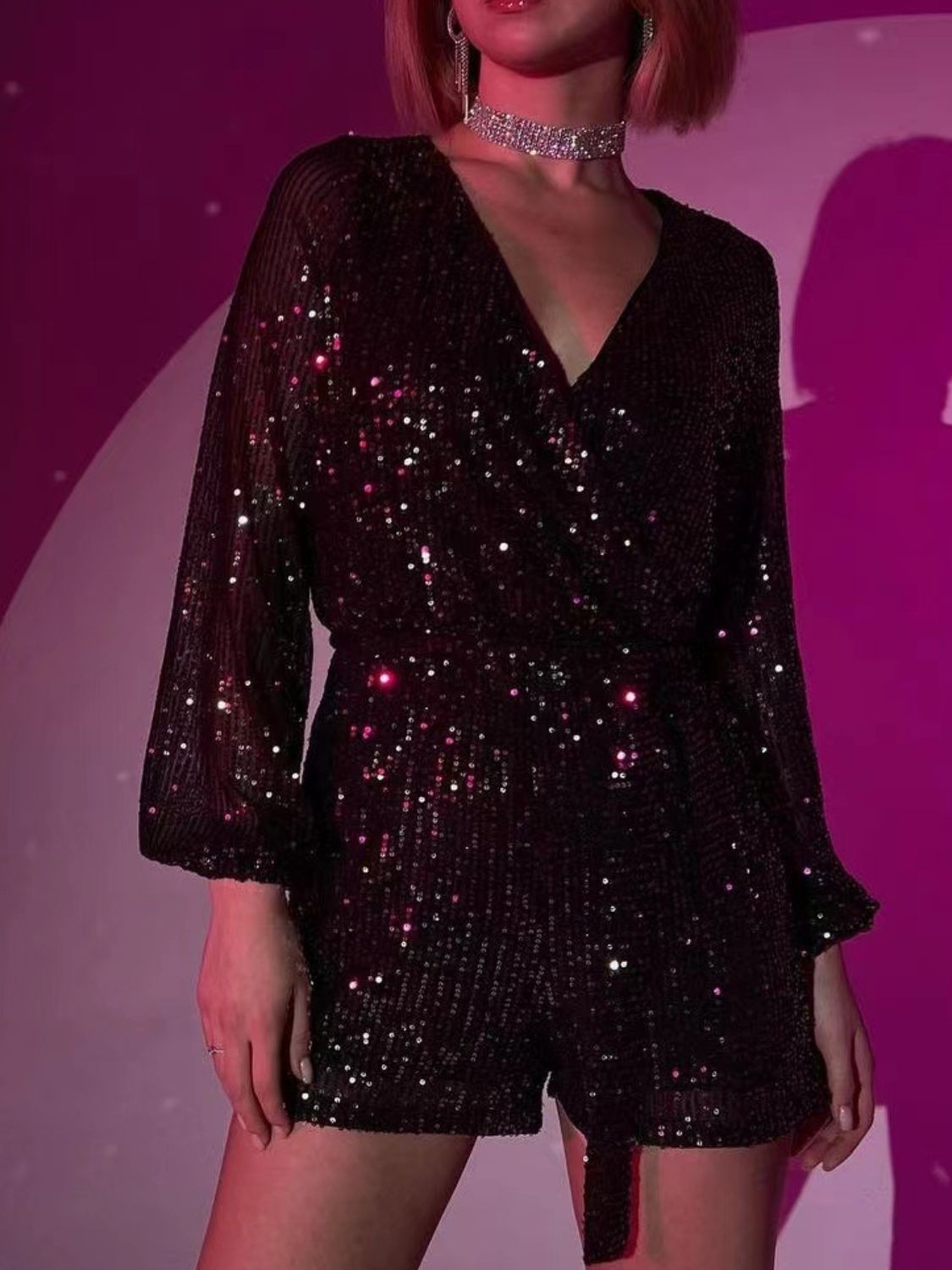 Full Size Sequin Surplice Tie Waist Long Sleeve Romper | Sugarz Chique Boutique
