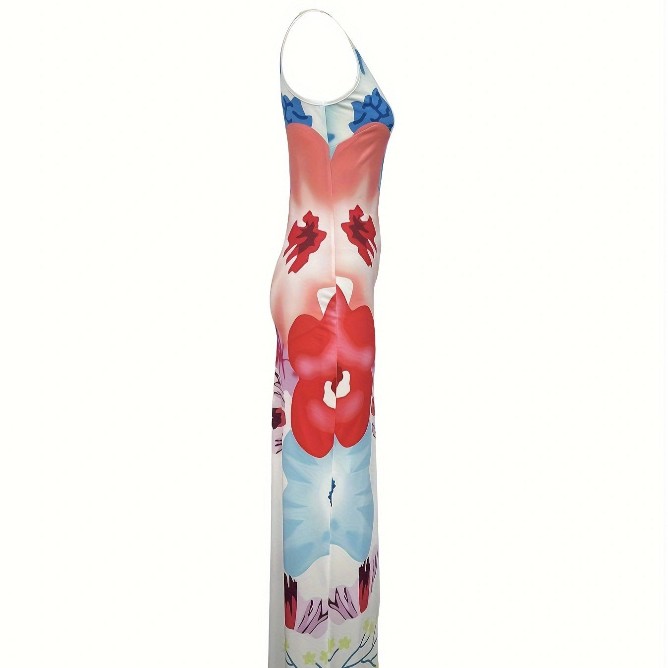 Ladies' V-neck Floral Print Thigh Slit Highlights Figure, Hip Hugging Long Skirt