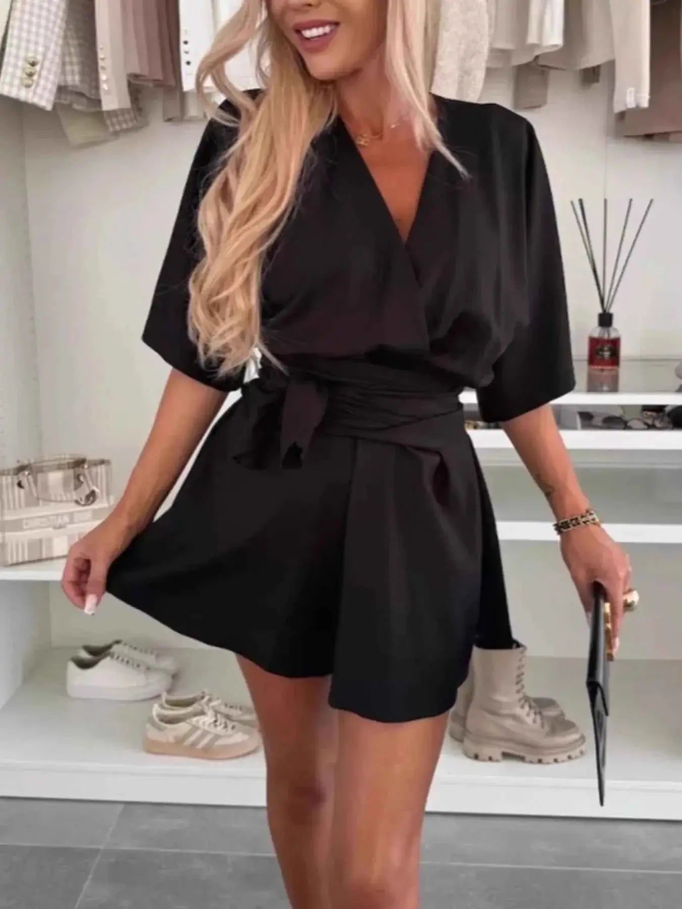 Full Size Surplice Tie Waist Romper Plus Size | Sugarz Chique Boutique