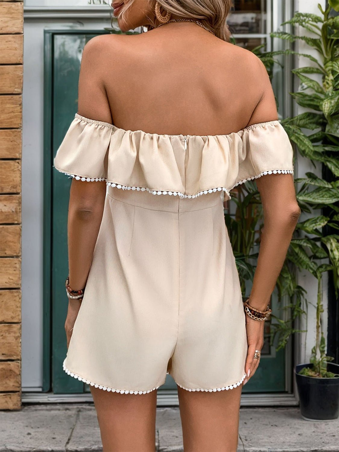 Tied Ruffled Off-Shoulder Short Sleeve Romper | Sugarz Chique Boutique