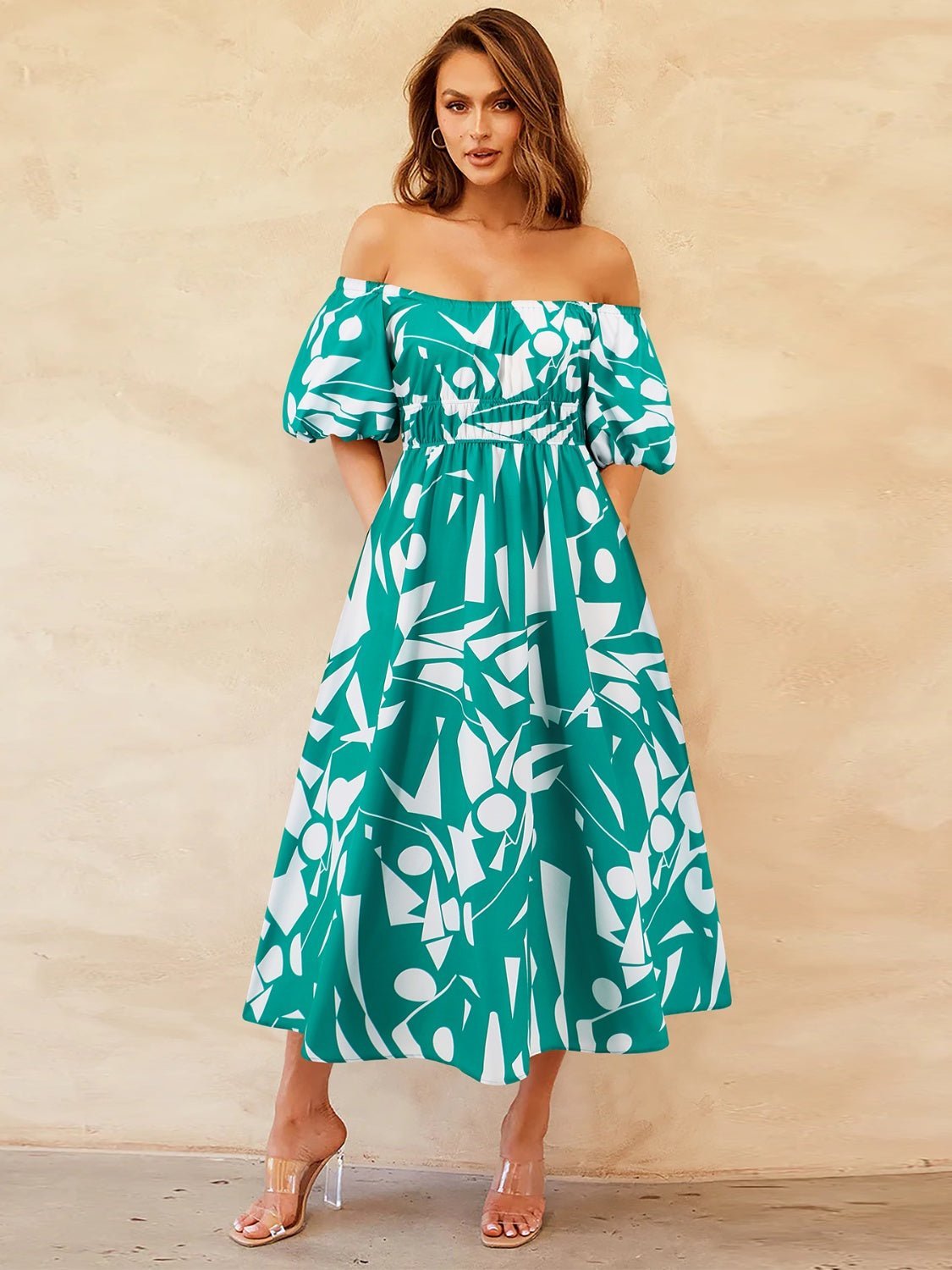 Printed Off-Shoulder Balloon Sleeve Dress | Sugarz Chique Boutique