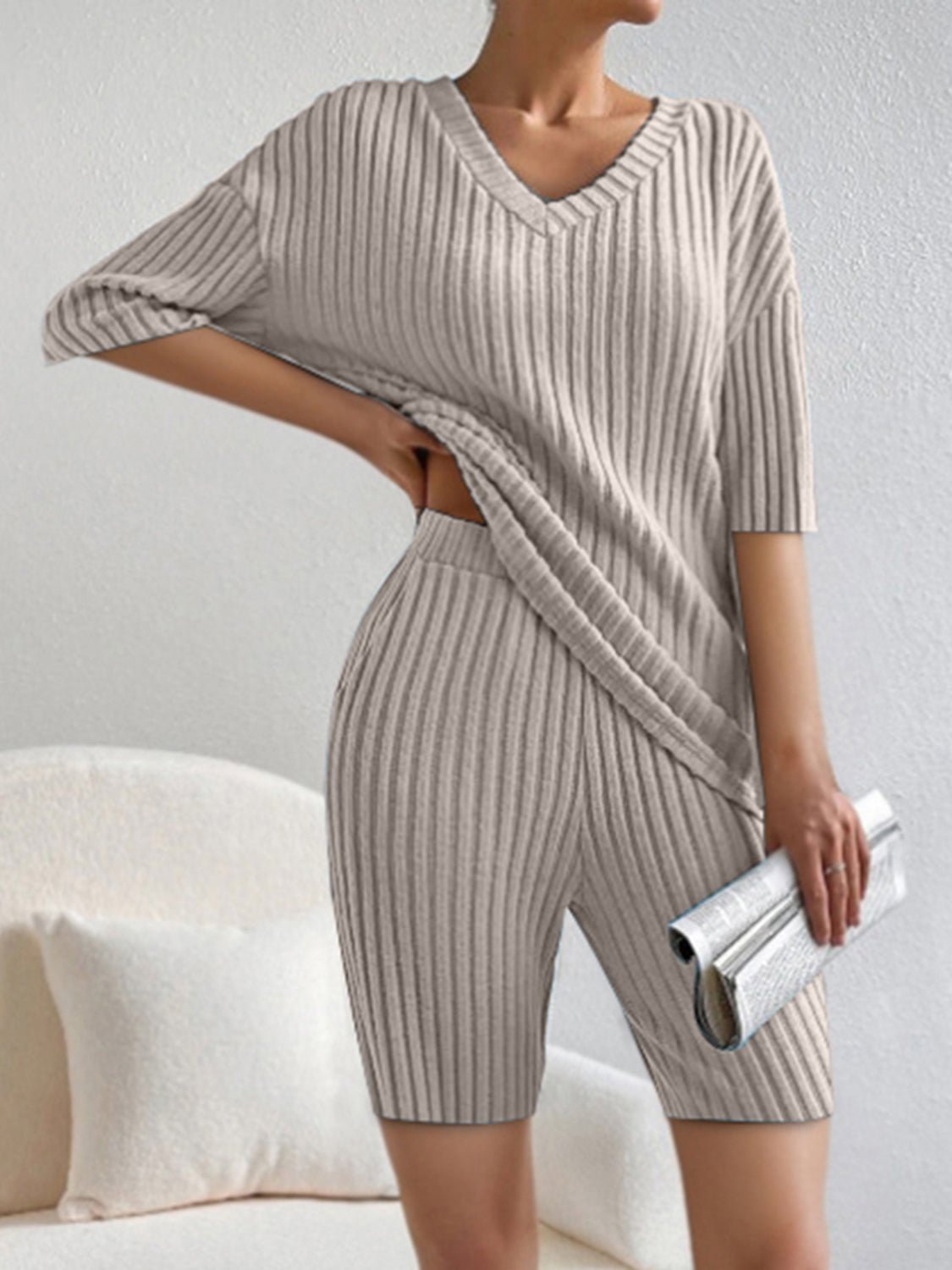 Ribbed V-Neck Top and Shorts Set | Sugarz Chique Boutique