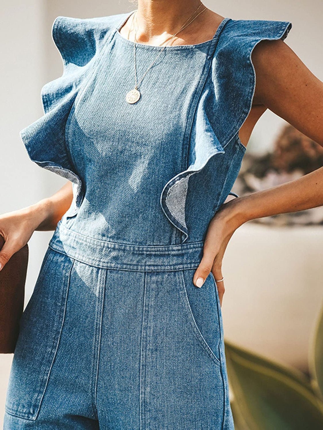 Ruffled Backless Sleeveless Denim Jumpsuit | Sugarz Chique Boutique