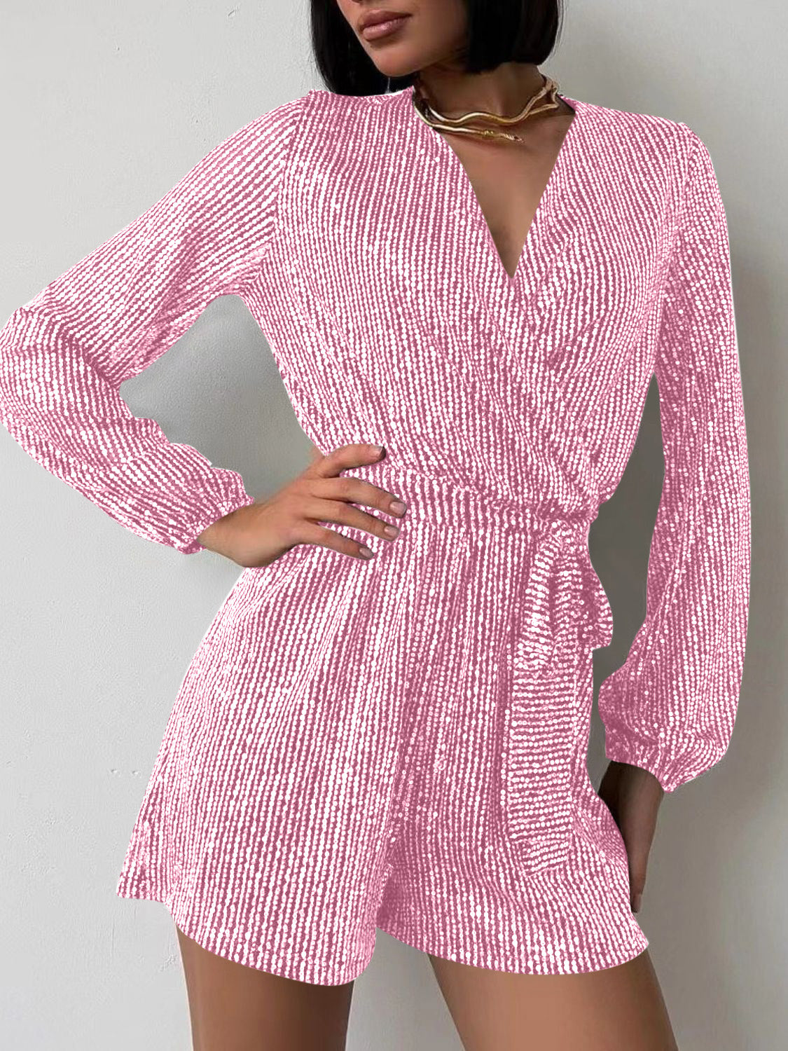 Full Size Sequin Surplice Tie Waist Long Sleeve Romper | Sugarz Chique Boutique