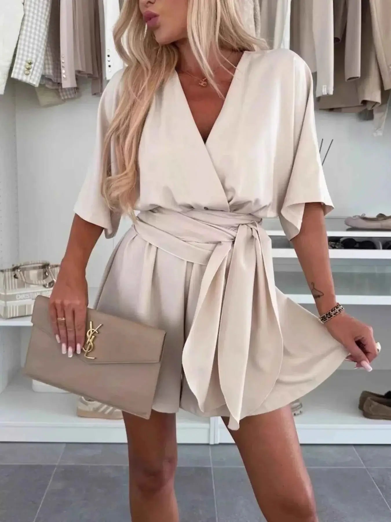 Full Size Surplice Tie Waist Romper Plus Size | Sugarz Chique Boutique