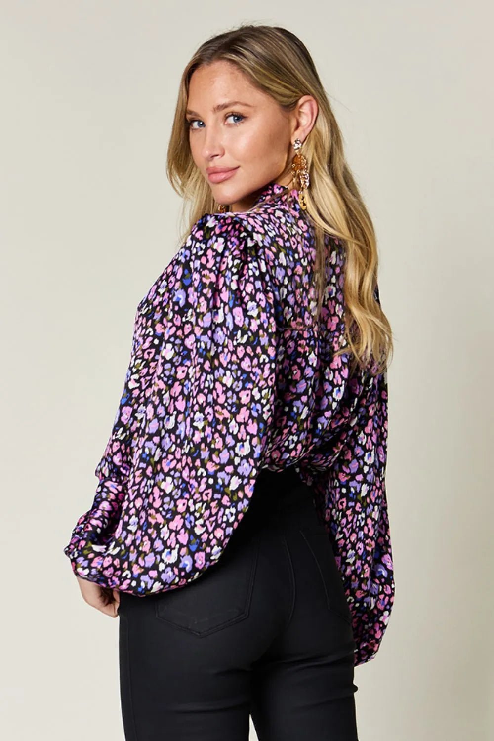 Double Take Full Size Printed Balloon Sleeve Shirt | Sugarz Chique Boutique