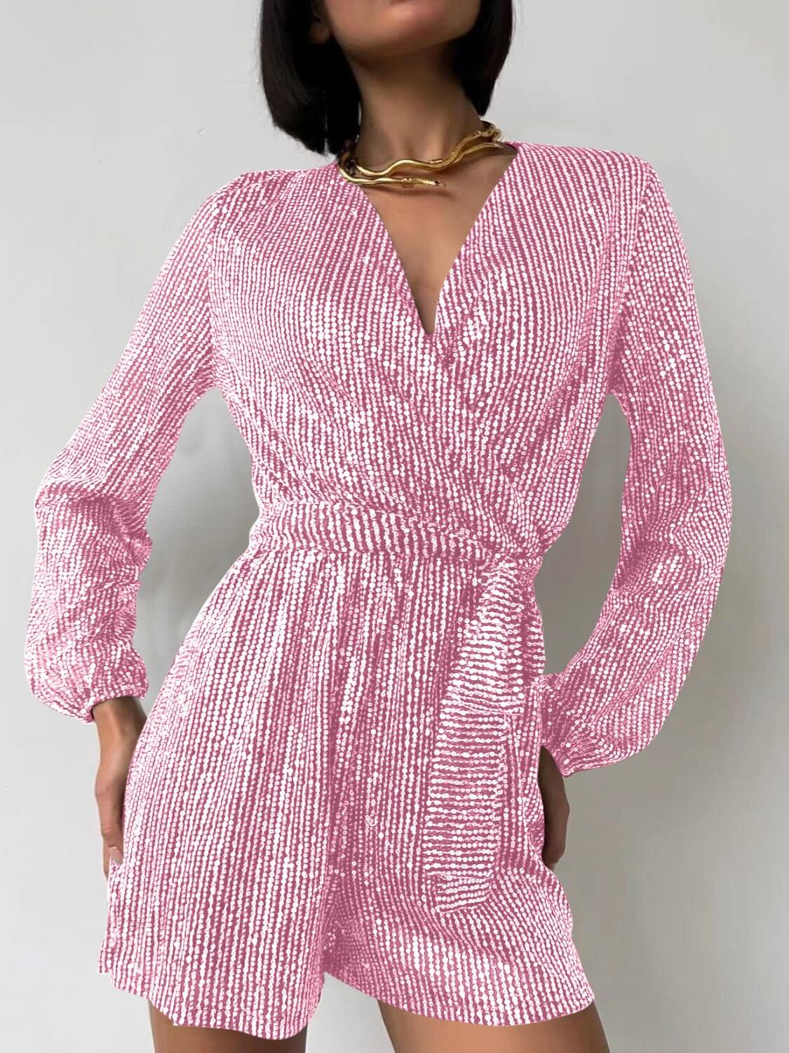 Full Size Sequin Surplice Tie Waist Long Sleeve Romper | Sugarz Chique Boutique