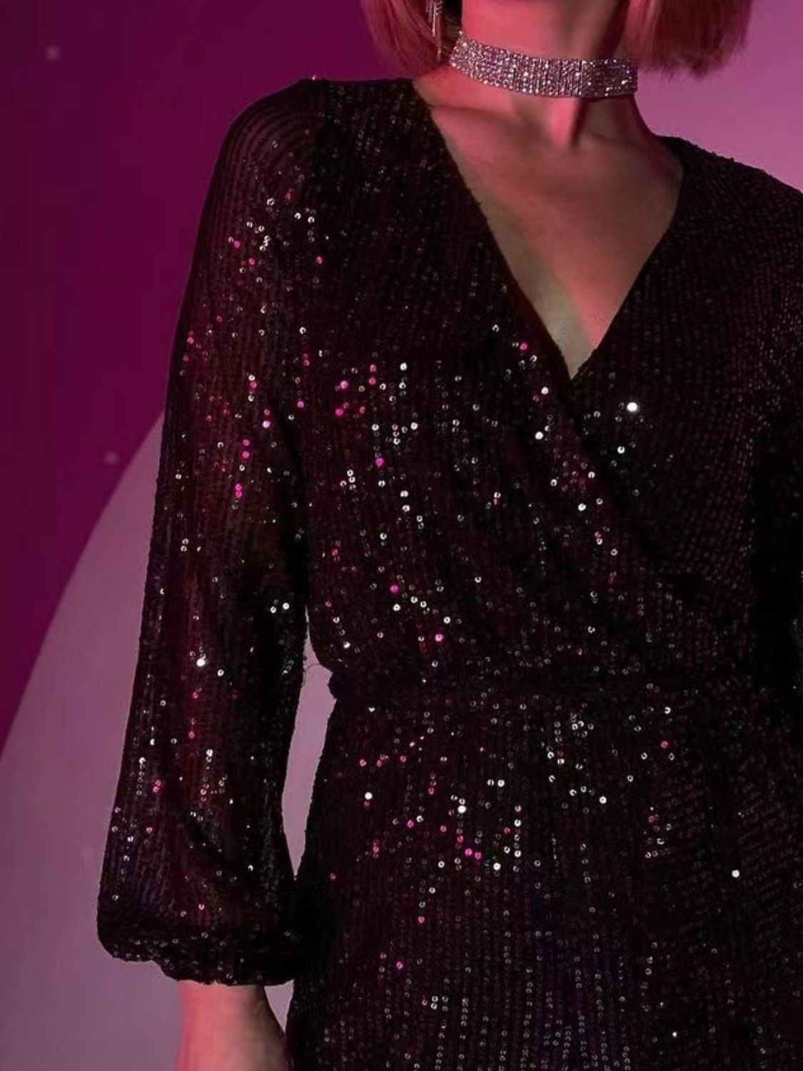 Full Size Sequin Surplice Tie Waist Long Sleeve Romper | Sugarz Chique Boutique