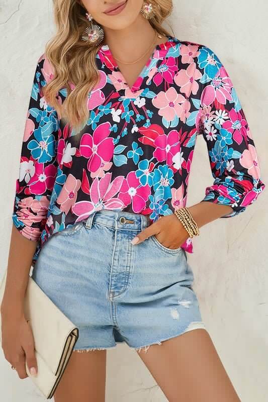 Floral V Neck Tab Long Sleeve Blouse - Sugarz Chique Boutique