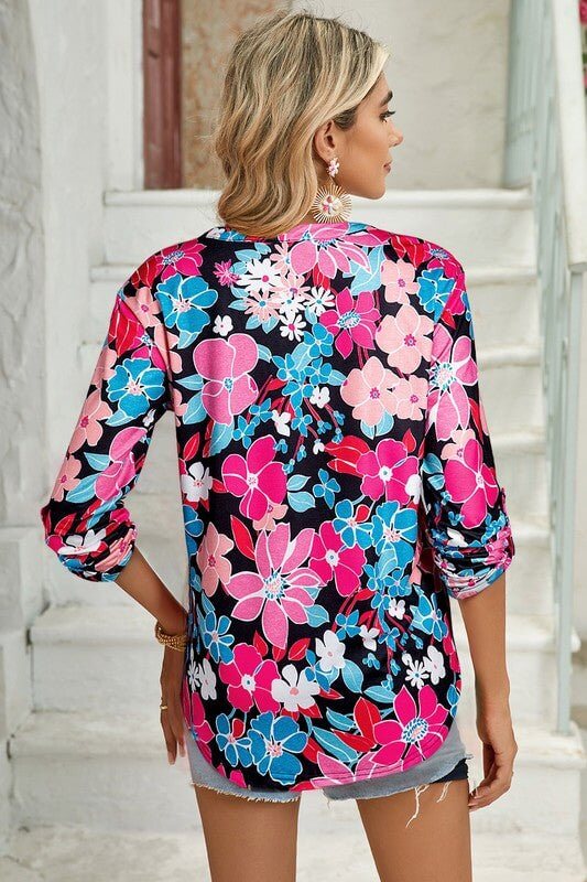 Floral V Neck Tab Long Sleeve Blouse - Sugarz Chique Boutique