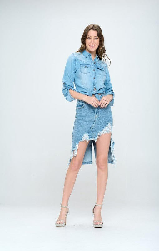 FRONT DESTROYED DENIM SKIRT - Sugarz Chique Boutique