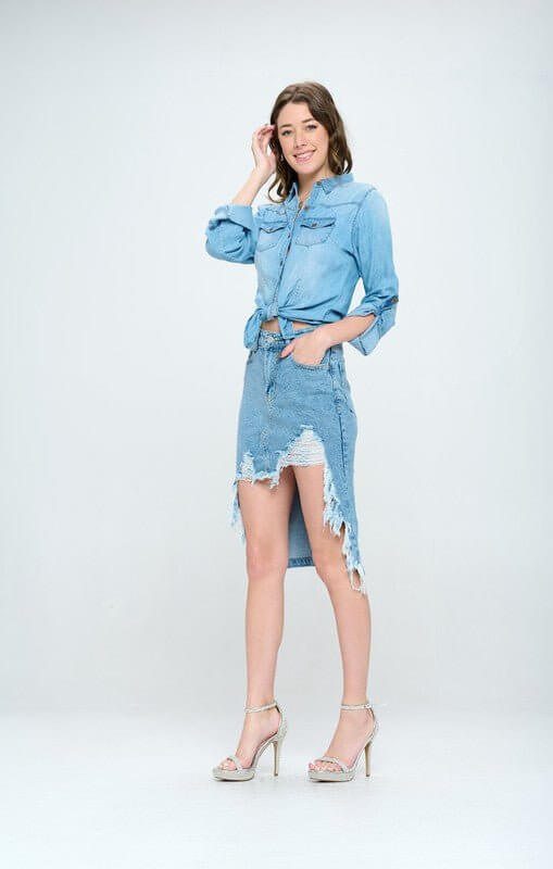 FRONT DESTROYED DENIM SKIRT - Sugarz Chique Boutique