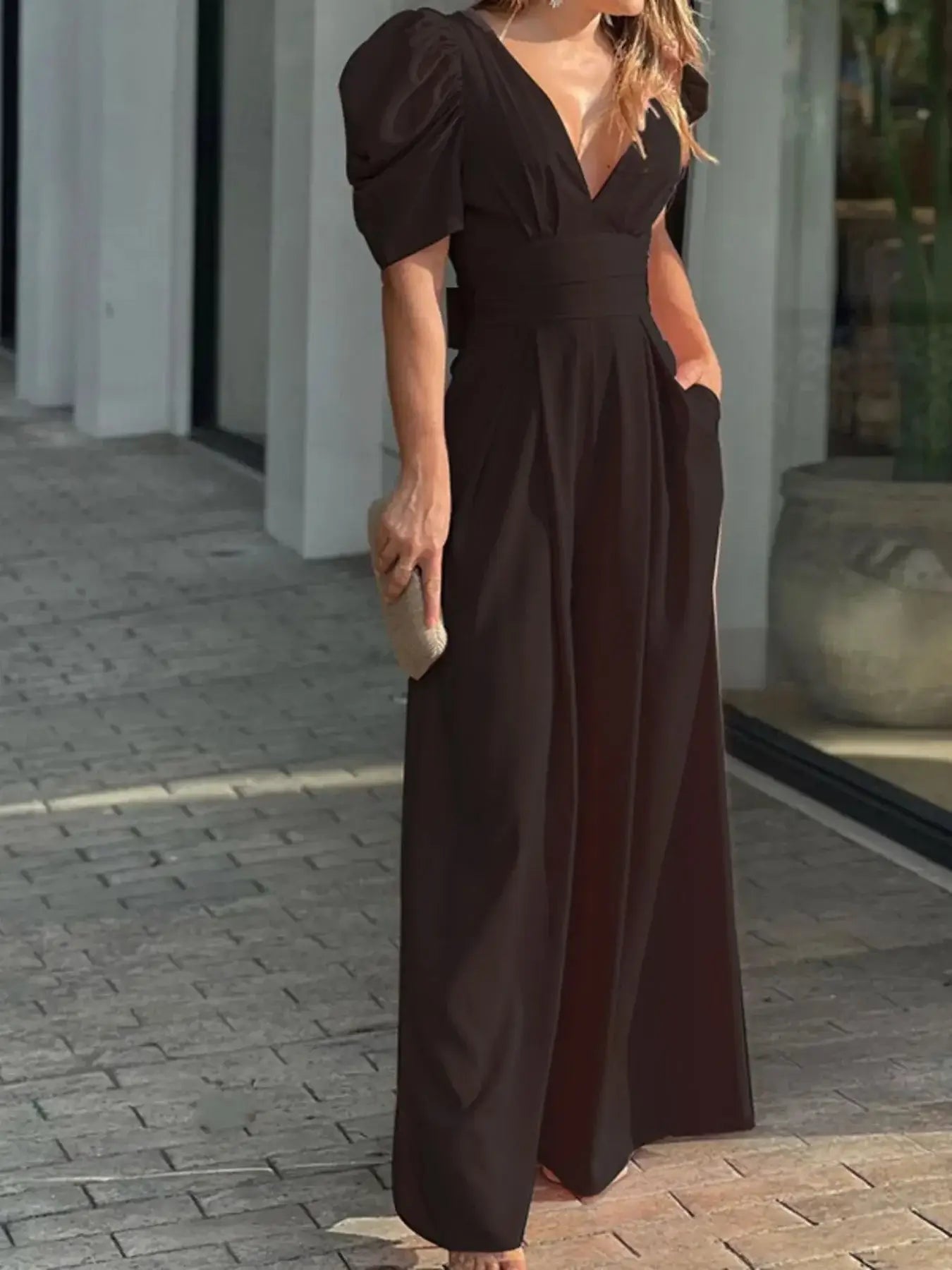Full Size Cutout V - Neck Puff Sleeve Jumpsuit Plus Size - Sugarz Chique Boutique
