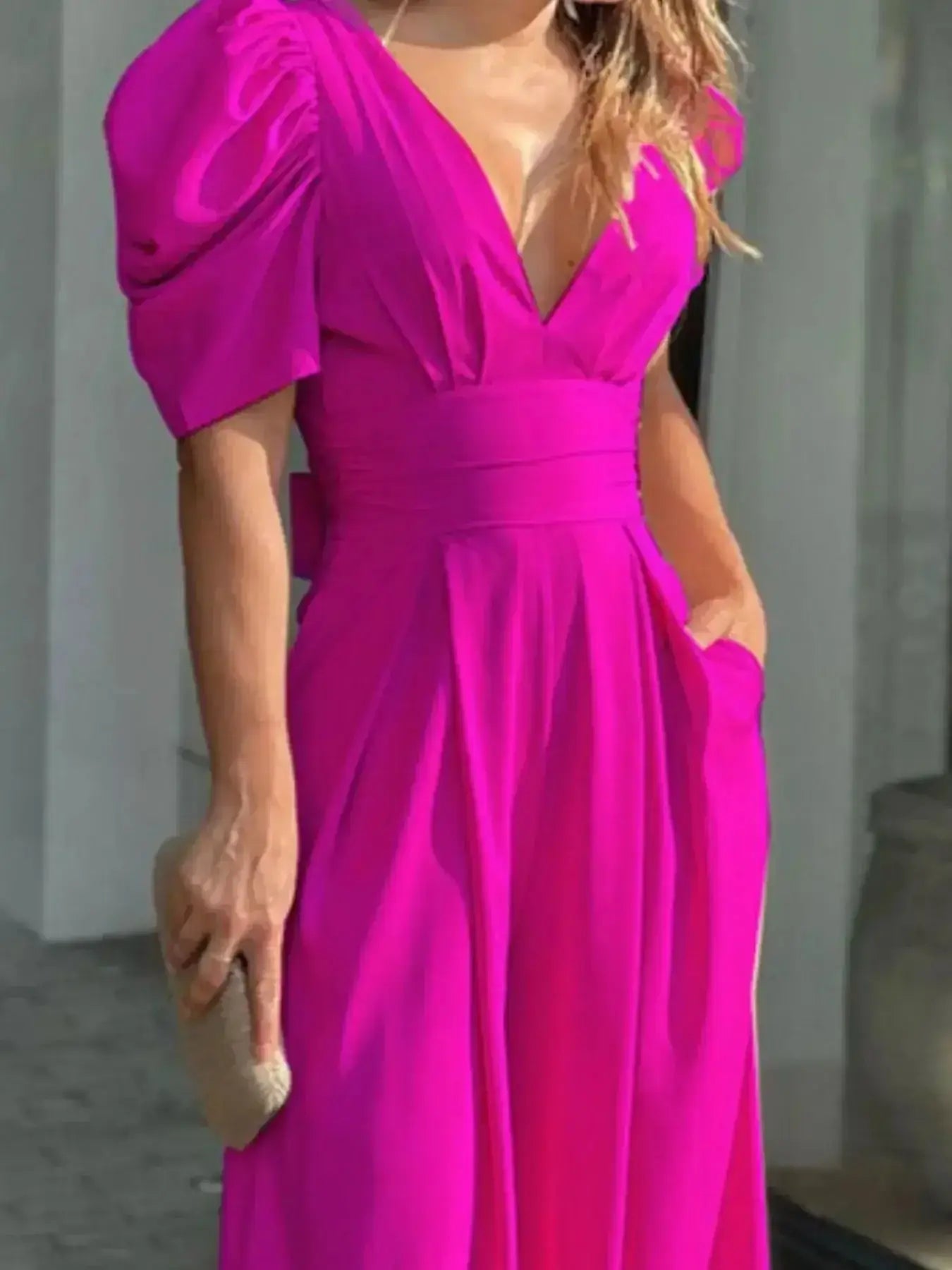 Full Size Cutout V - Neck Puff Sleeve Jumpsuit Plus Size - Sugarz Chique Boutique