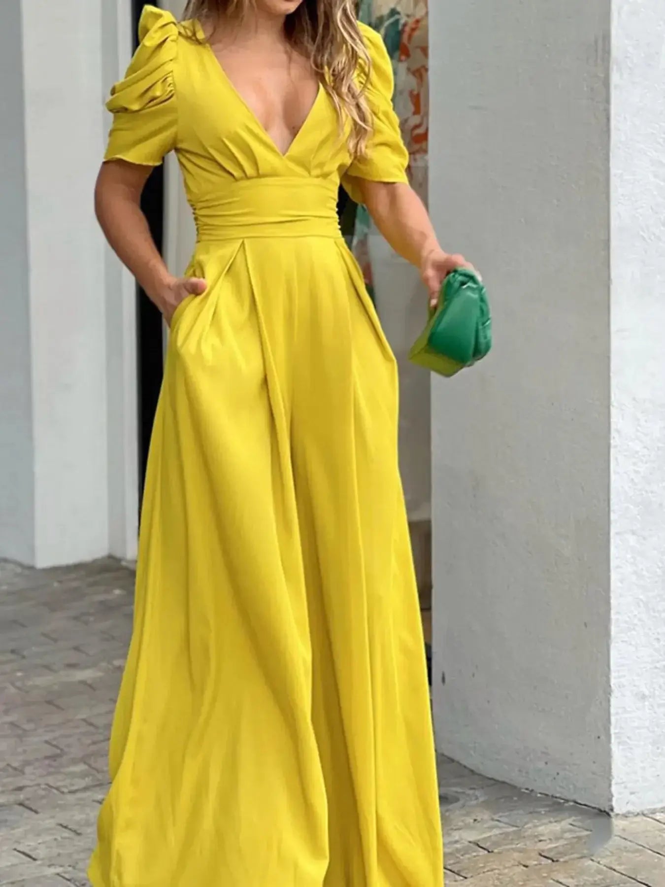 Full Size Cutout V - Neck Puff Sleeve Jumpsuit Plus Size - Sugarz Chique Boutique