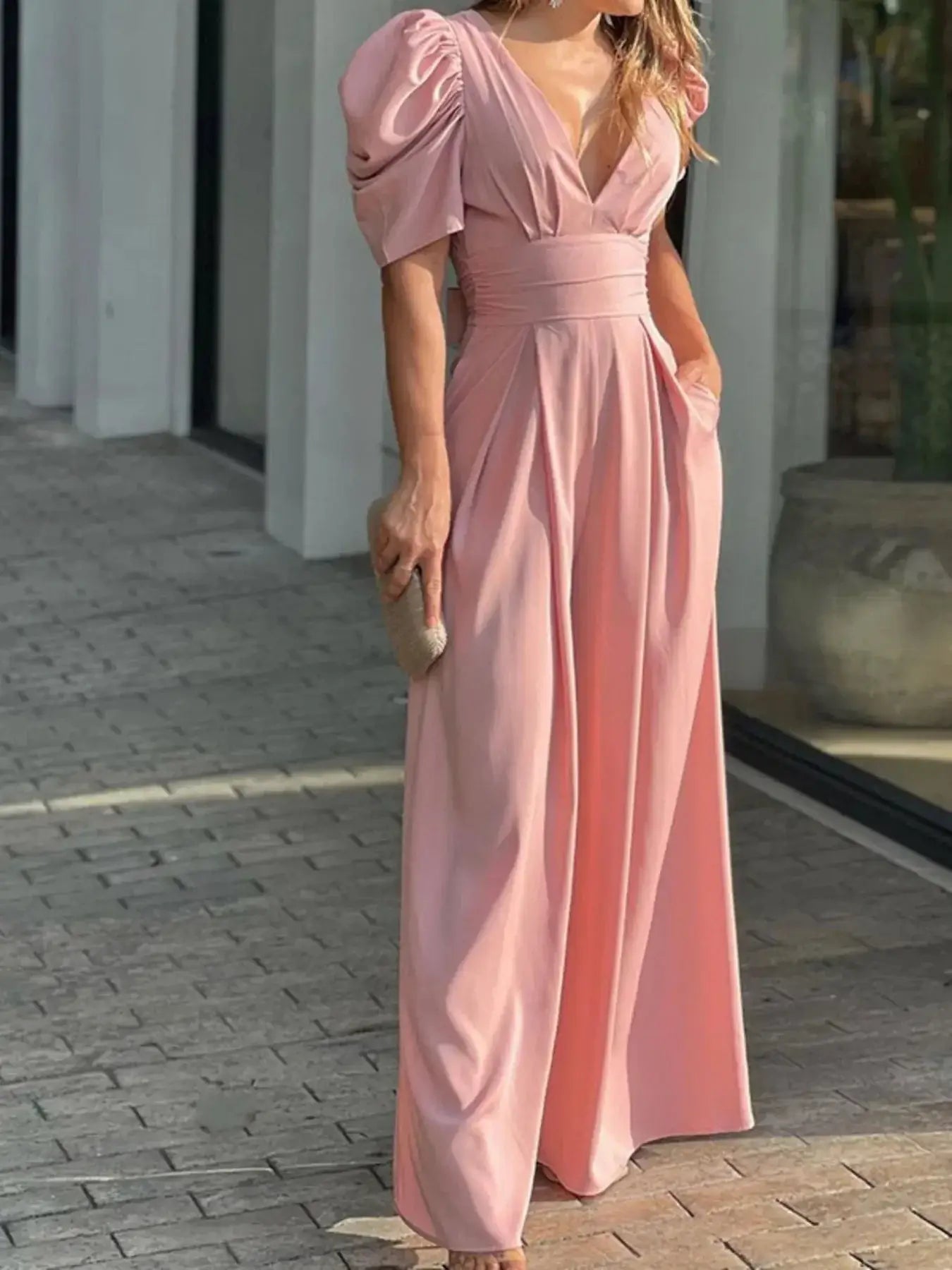 Full Size Cutout V - Neck Puff Sleeve Jumpsuit Plus Size - Sugarz Chique Boutique