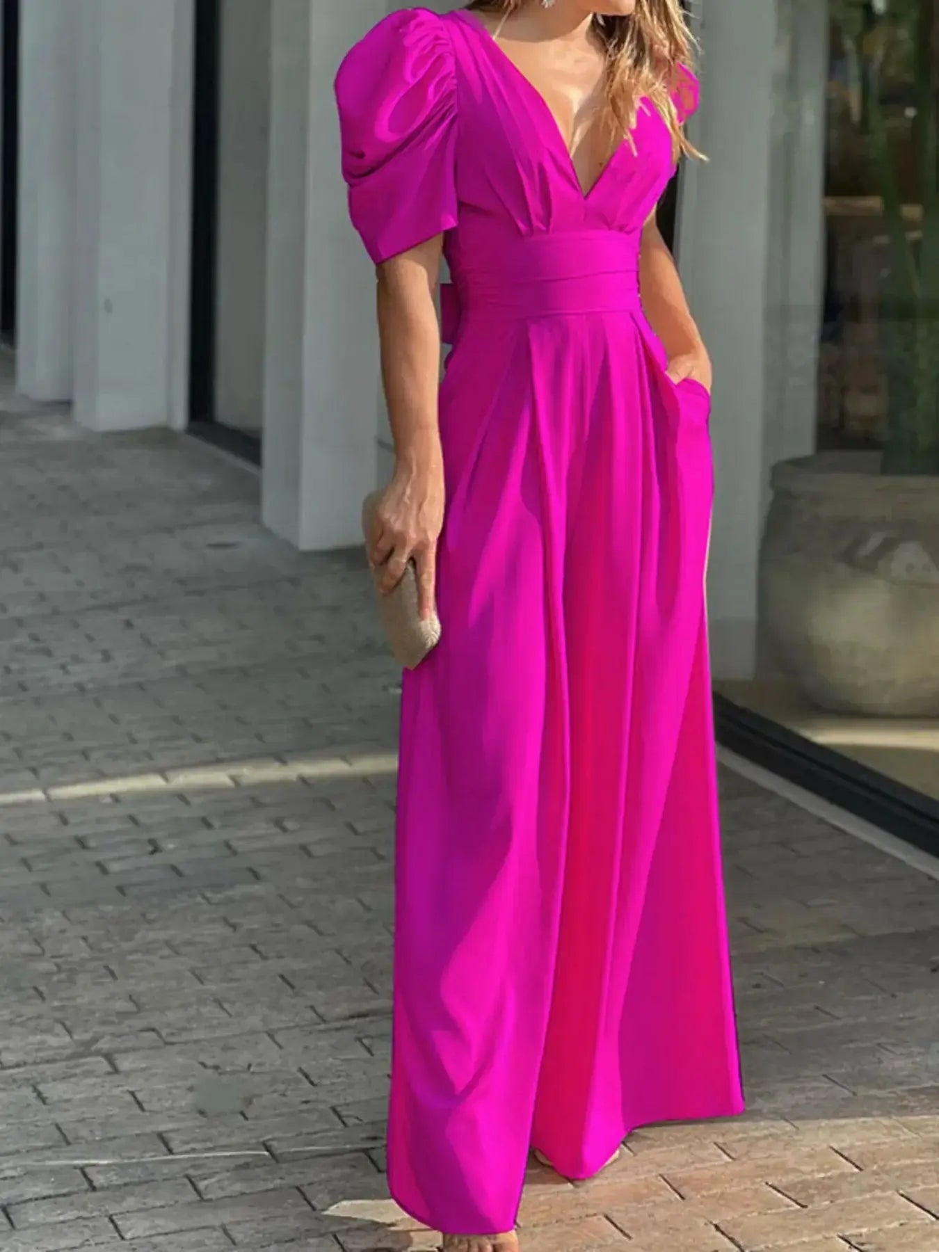 Full Size Cutout V - Neck Puff Sleeve Jumpsuit Plus Size - Sugarz Chique Boutique