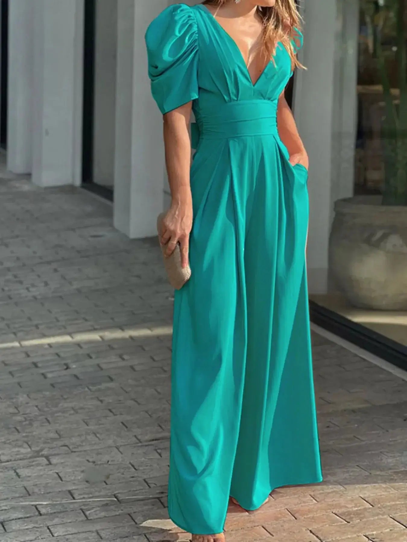 Full Size Cutout V - Neck Puff Sleeve Jumpsuit Plus Size - Sugarz Chique Boutique