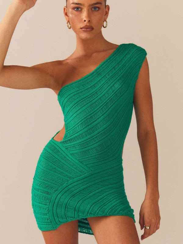 Hollow sexy tight short skirt with hollowed waist and one shoulder patchwork dress