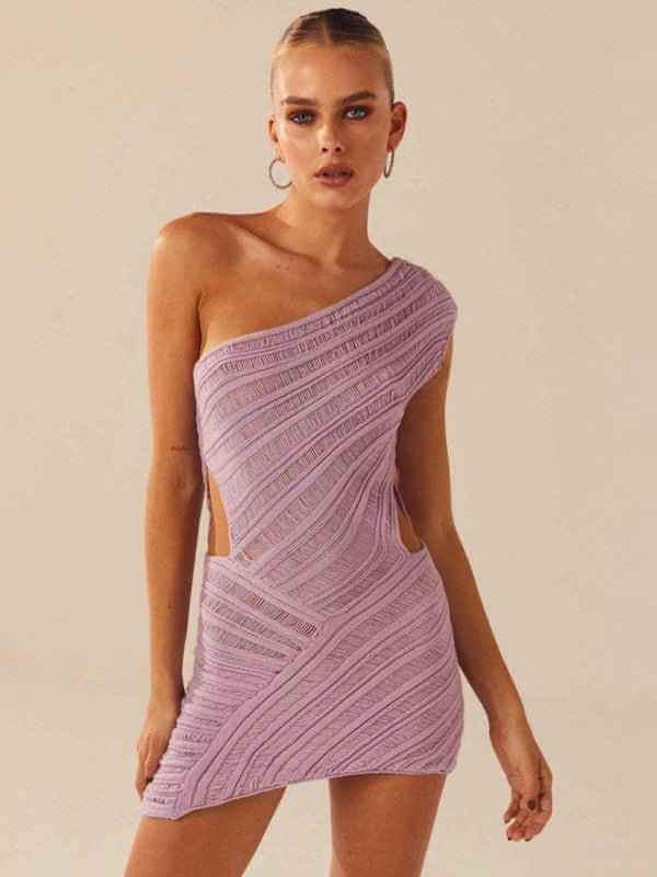 Hollow sexy tight short skirt with hollowed waist and one shoulder patchwork dress