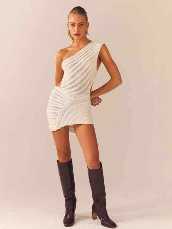 Hollow sexy tight short skirt with hollowed waist and one shoulder patchwork dress