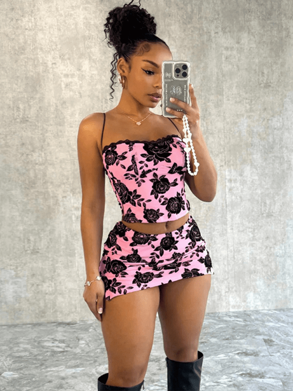 Women's new fashion rose print suspenders sexy slim hip skirt suit | Sugarz Chique Boutique