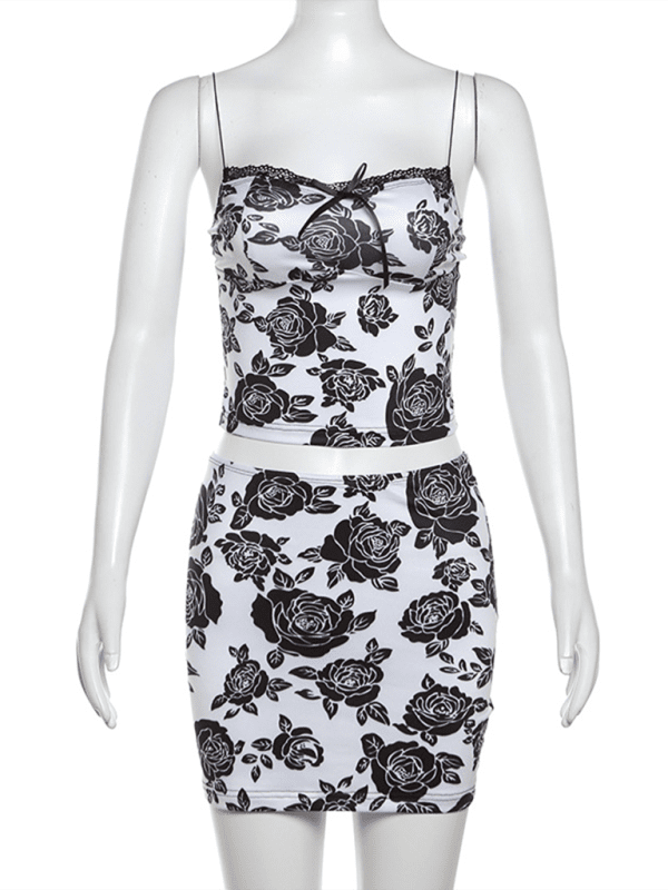 Women's new fashion rose print suspenders sexy slim hip skirt suit | Sugarz Chique Boutique