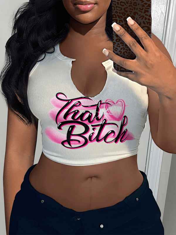 Women's Fashion Sexy Letter Printed T-shirt Sleeveless Vest U-neck Small Vest | Sugarz Chique Boutique