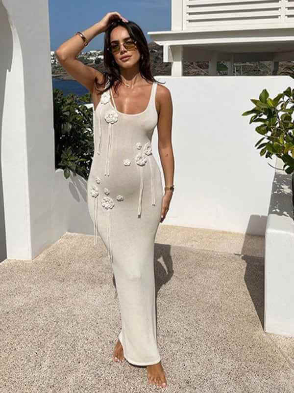 Beach Dress Solid Color Knitted Floating Flower Beach Bikini Swimsuit Cover-up Sun Protection Clothing