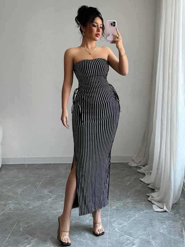 Elegant striped strappy tube top hip skirt suit | Sugarz Chique Boutique
