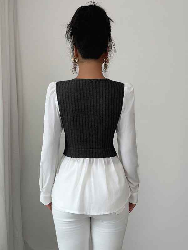 Elegant patchwork long-sleeved vest shirt | Sugarz Chique Boutique