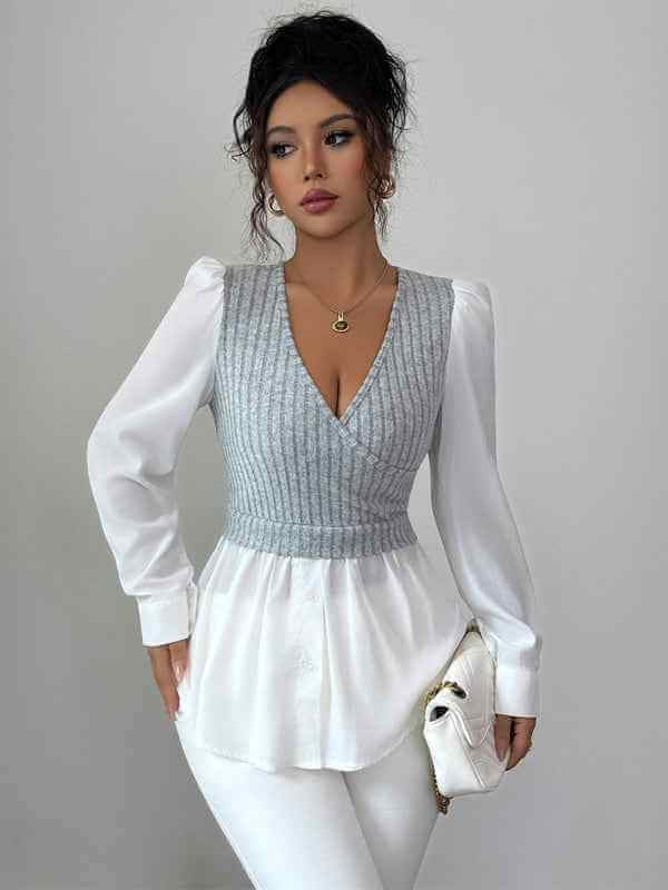 Elegant patchwork long-sleeved vest shirt | Sugarz Chique Boutique