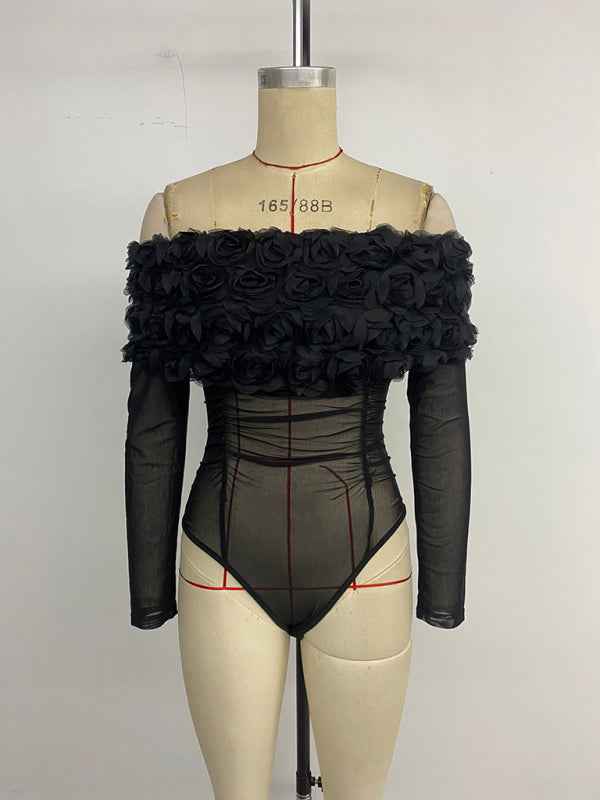 Party Hottie Sexy See-Through Mesh Off-Shoulder 3D Flower Solid Color Bodysuit | Sugarz Chique Boutique
