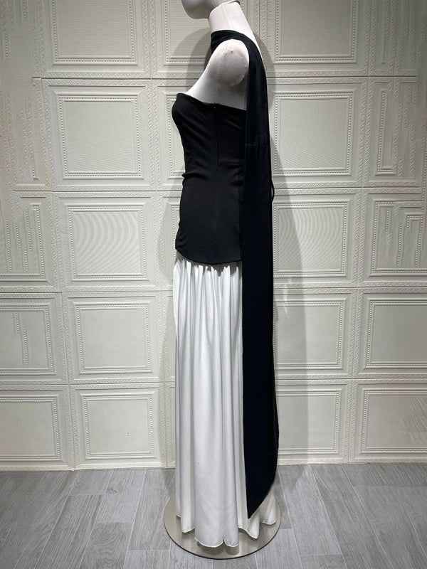 Black and white colorblock tube top solid color open back slit dress | Sugarz Chique Boutique