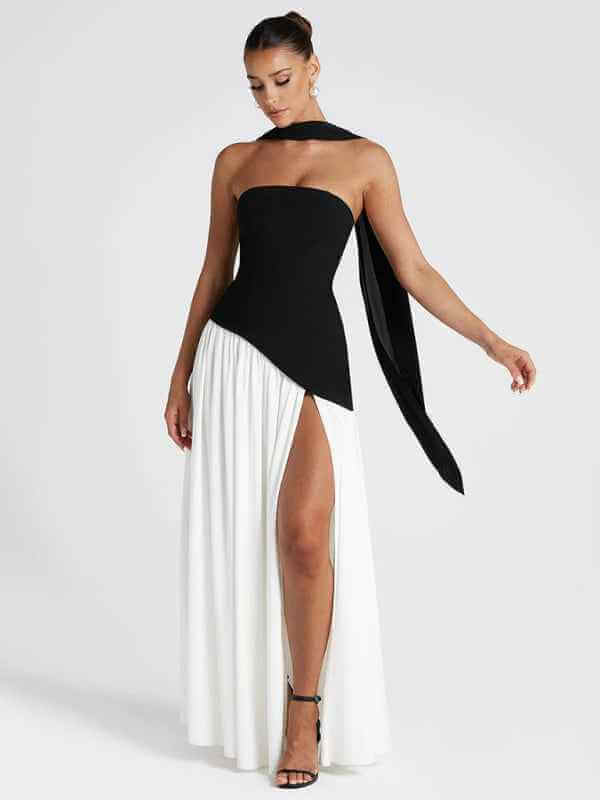 Black and white colorblock tube top solid color open back slit dress | Sugarz Chique Boutique