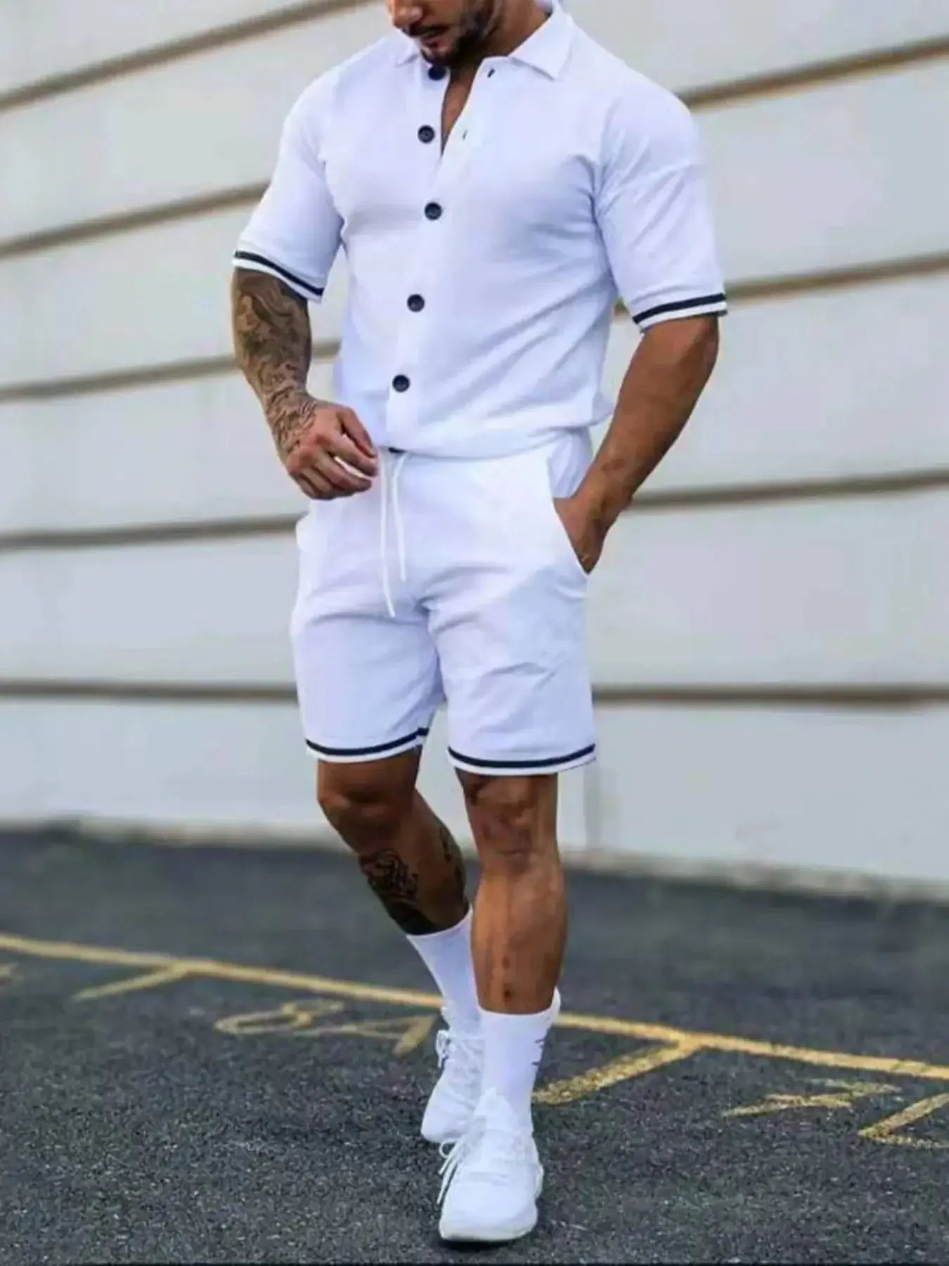 Men's Full Size Striped Hem Button Up Top and Shorts Set Plus Size - Sugarz Chique Boutique
