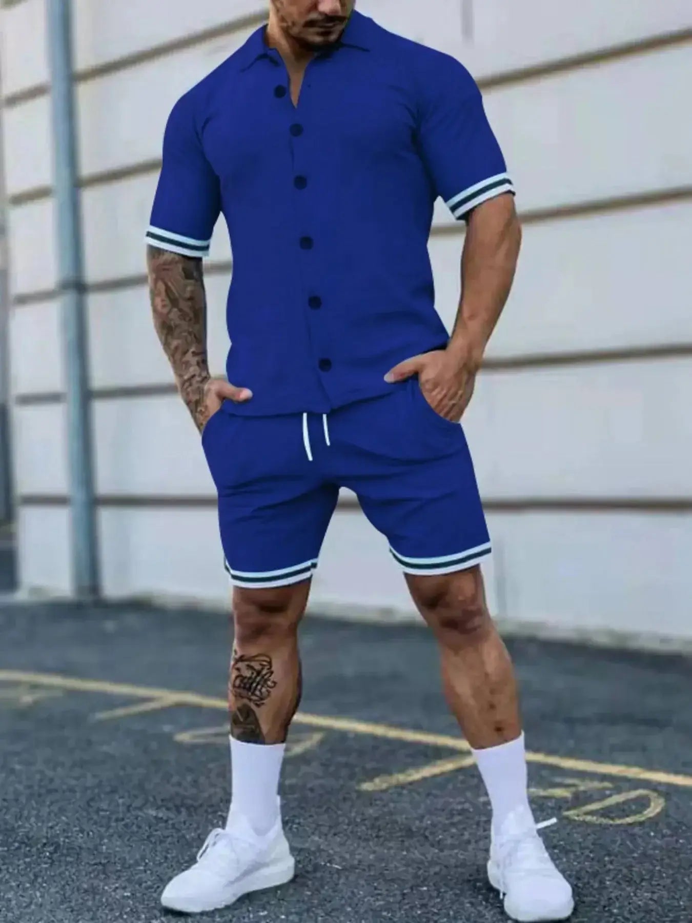 Men's Full Size Striped Hem Button Up Top and Shorts Set Plus Size - Sugarz Chique Boutique