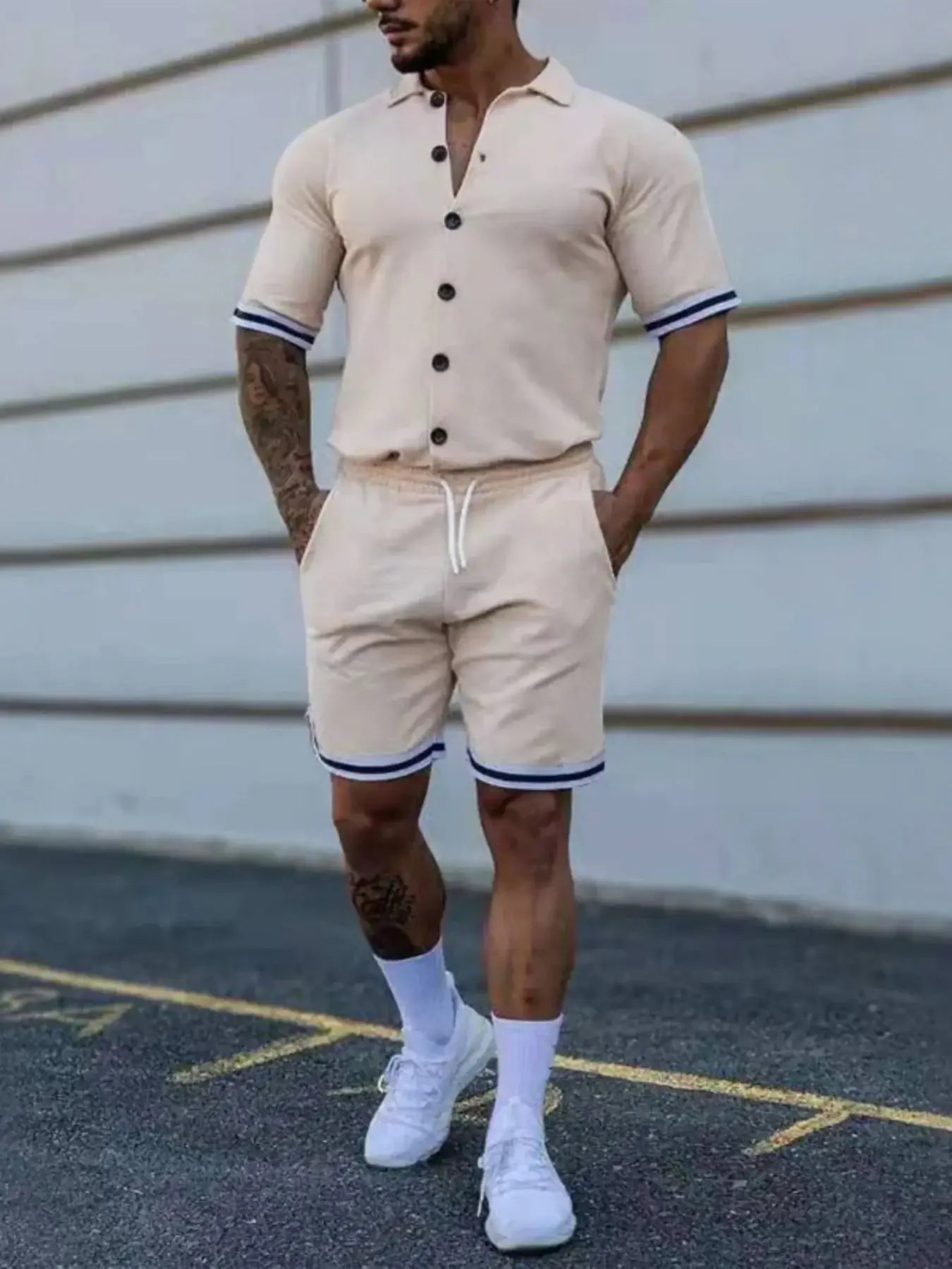 Men's Full Size Striped Hem Button Up Top and Shorts Set Plus Size - Sugarz Chique Boutique